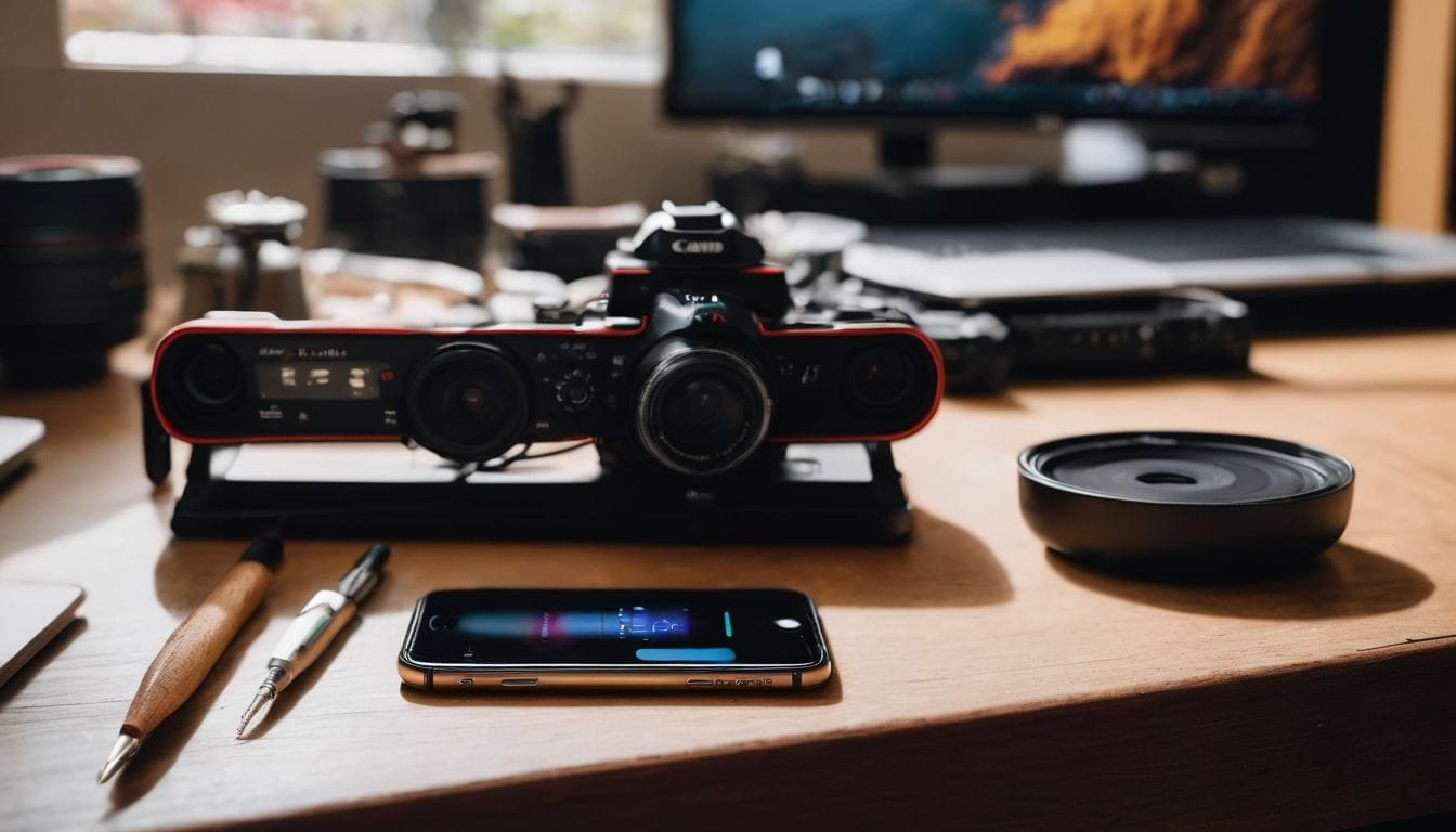 A close-up still life photo of an iPhone and audio tools.