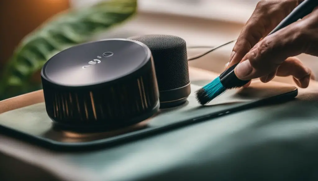 A close-up photo of a phone speaker being cleaned with a small brush.