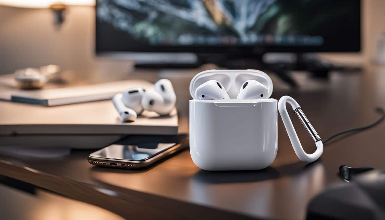 A pair of AirPods and charging case on a clean desk.