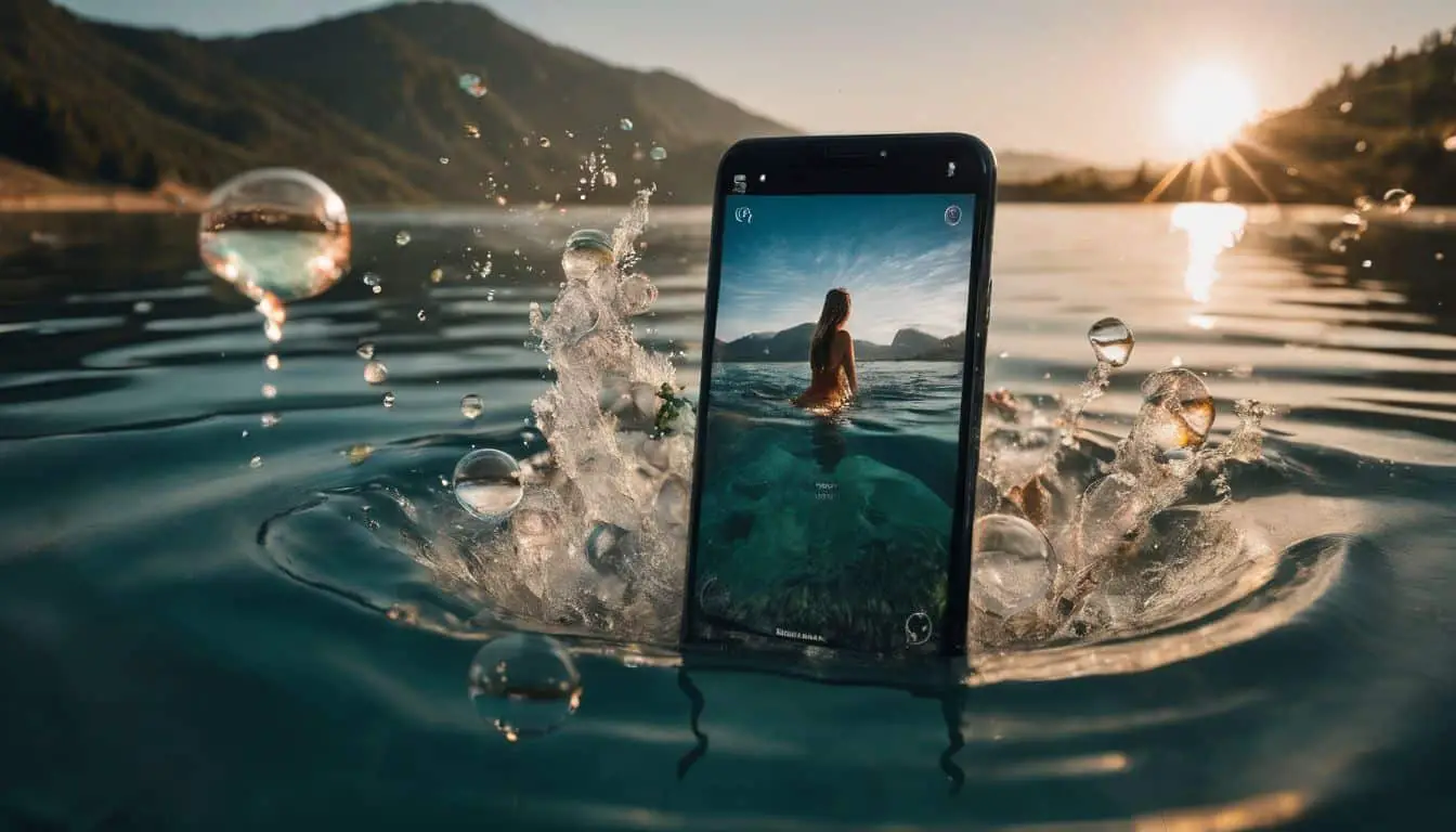 A submerged phone in a pool with floating bubbles.
