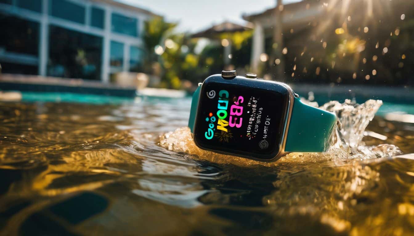 An Apple Watch submerged in a pool with water droplets.