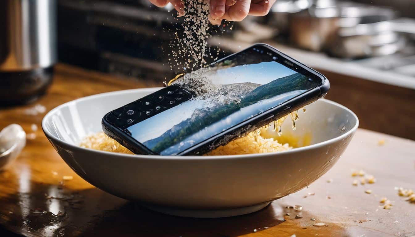 A water damaged phone being rescued from a bowl of rice in a bright kitchen.