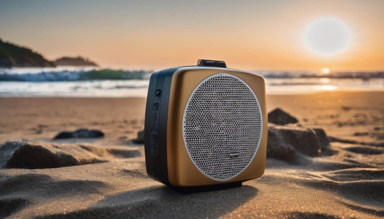 A portable speaker sitting on a beach with waves in the background.