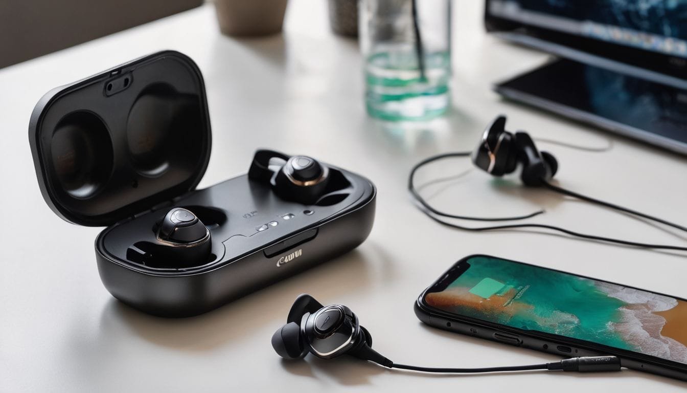 Clean earbuds surrounded by cleaning supplies on a white desk.