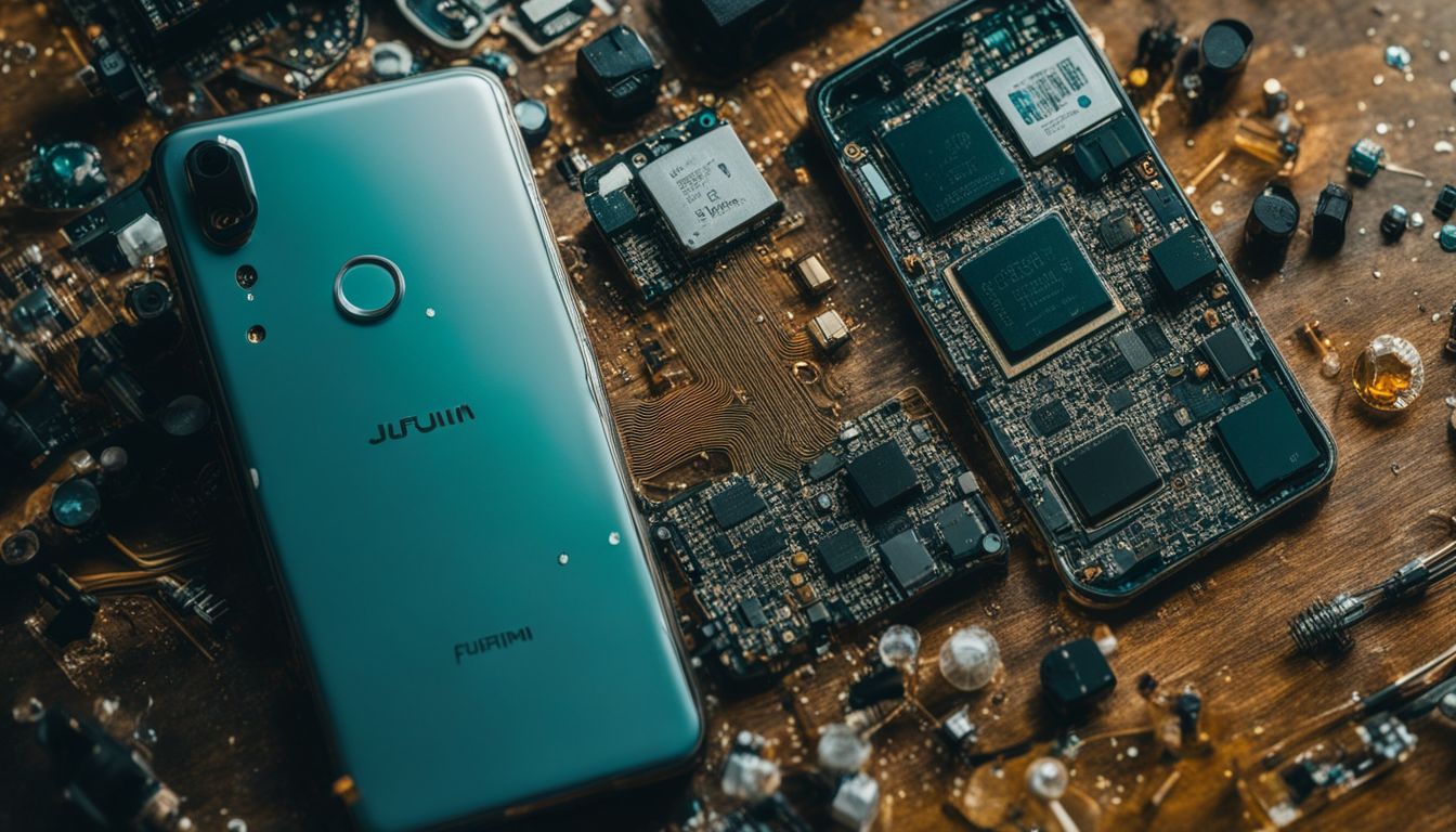 A smartphone surrounded by electronic components showing visible water damage.