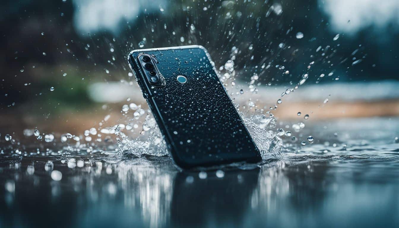 A water-damaged phone on a wet surface surrounded by water droplets.