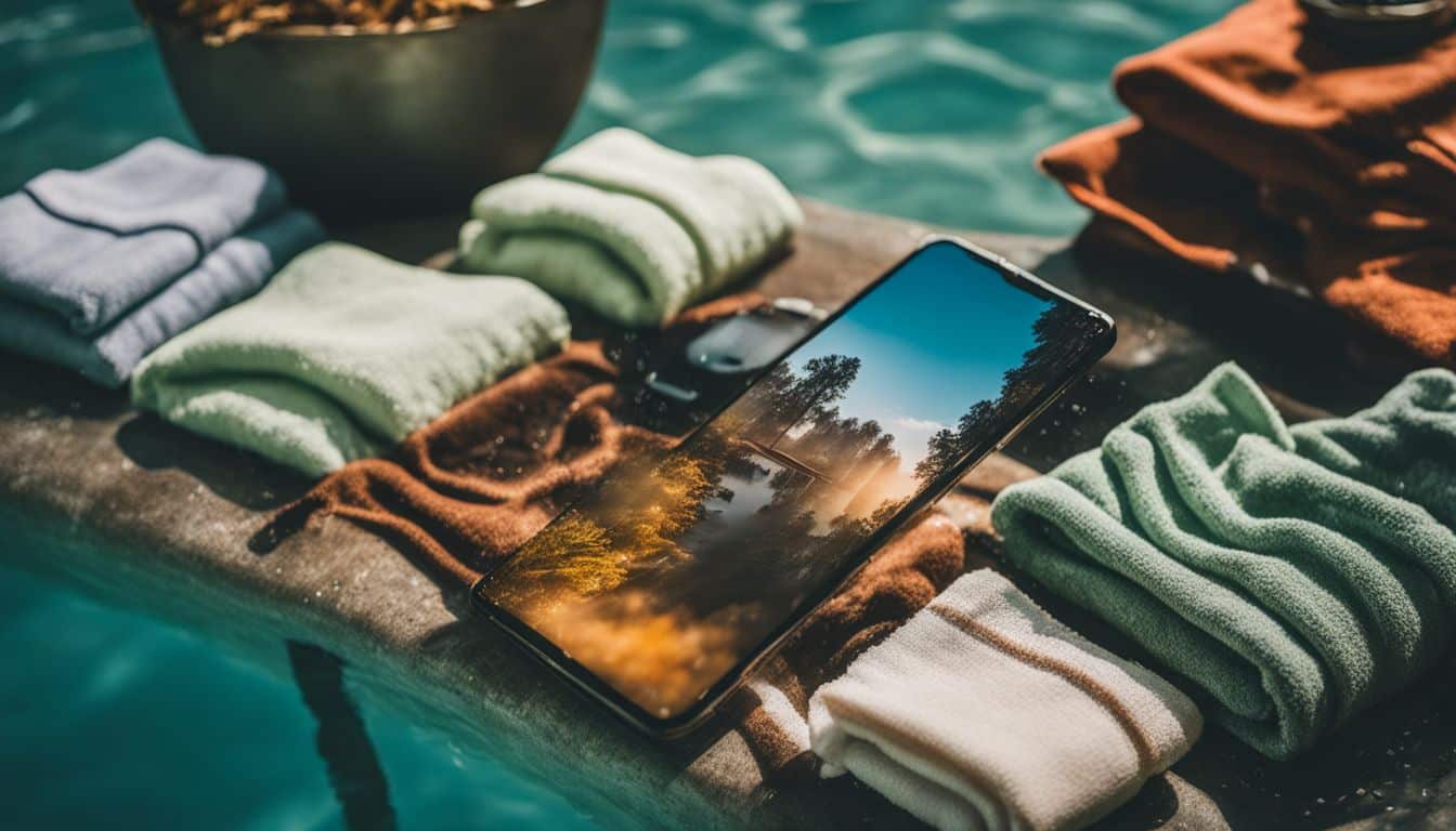 A smartphone submerged in water surrounded by wet towels.