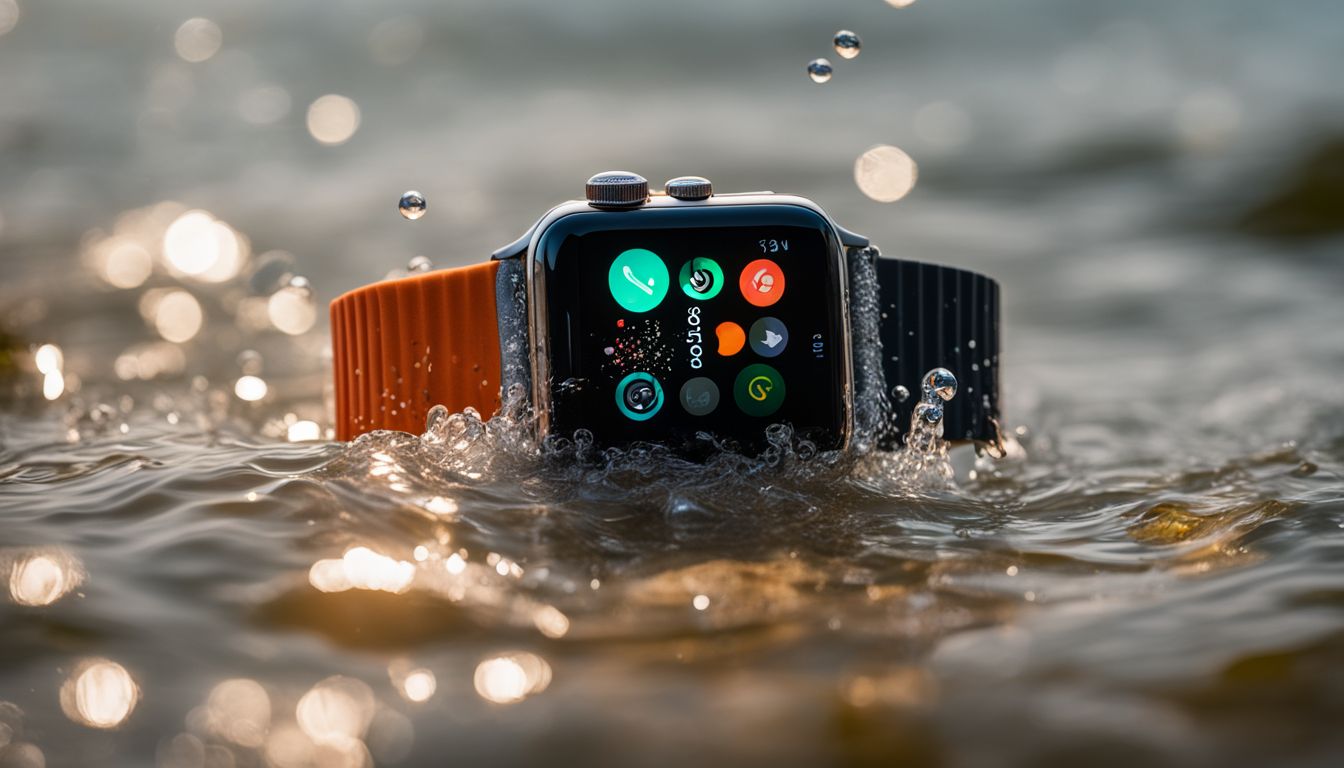 An Apple Watch submerged in water with no humans present.