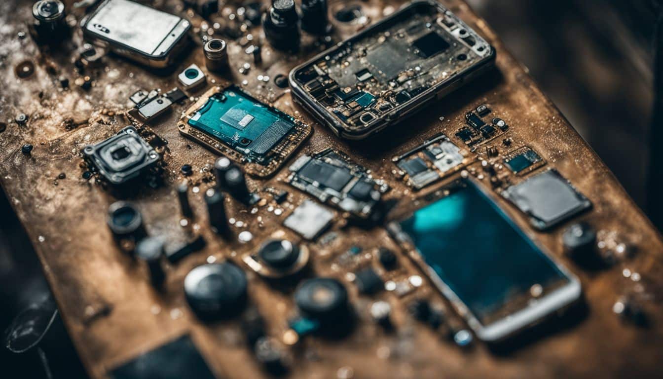 Water-damaged smartphone components with corrosion, surrounded by moisture.