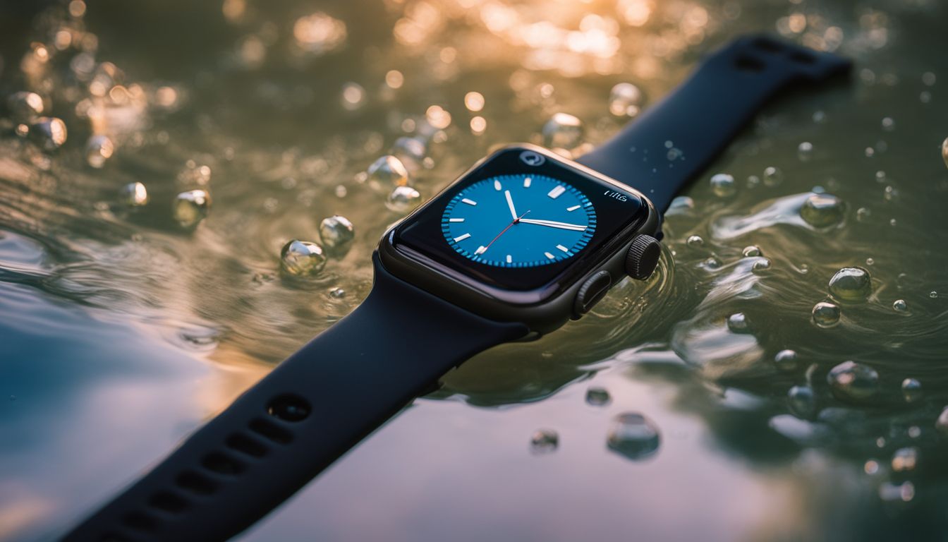 An Apple Watch submerged in clear pool surrounded by water droplets.