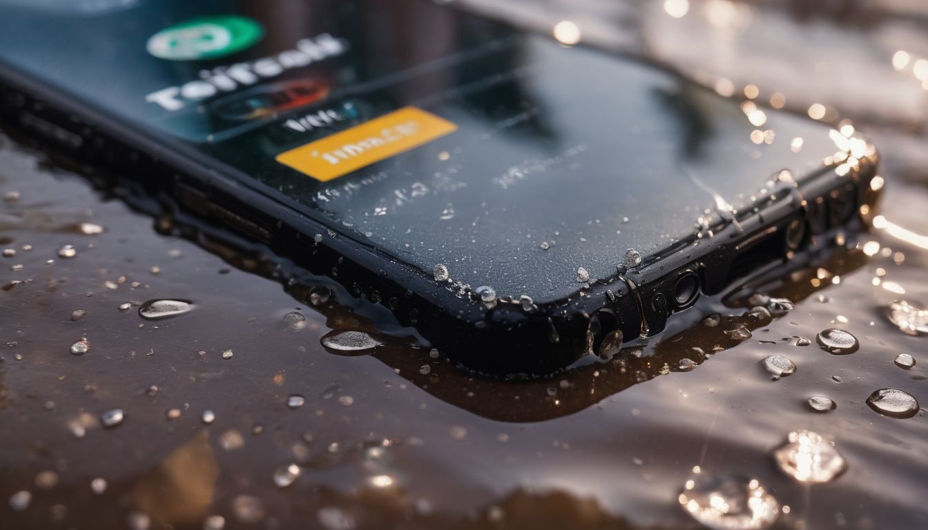 A water-damaged phone lies on a wet surface in a bustling atmosphere.